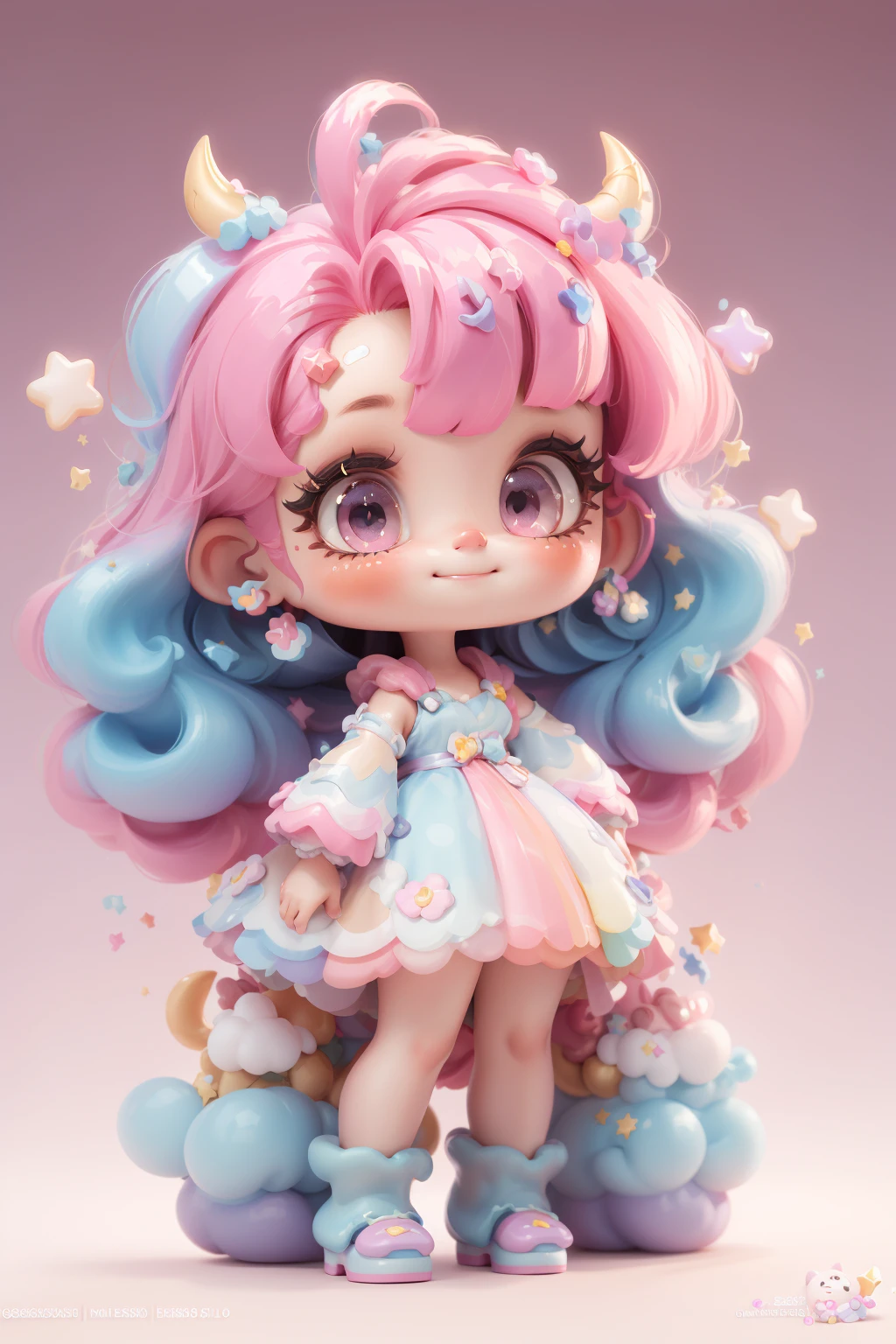 masterpiece, best quality, 8k, cinematic light, ultra high res, chibi, 1girl, pink hair, multicolored hair, long hair, solo, dress, star hair ornament, horns, blue hair, star \, (symbol\), bangs, gradient hair, artist name, gradient, smile, closed mouth, full body, pink background, gradient background, <lora:chibi-v1:1>