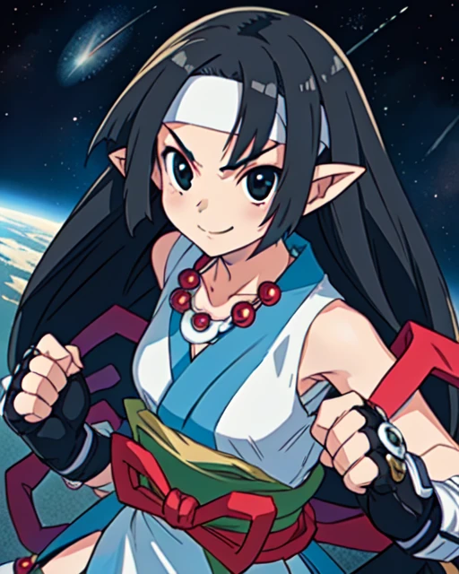 Yukimaru, black eyes, low-tied long hair , pointy ears, smiling, upper body, fighting stance, serious look, closed fists,
YukGear,magatama necklace,fingerless gloves, headband,japanese clothes,
outerspace, japanese rooftop,
(insanely detailed, beautiful detailed face, masterpiece, best quality) <lora:Yukimaru-10:0.7>
