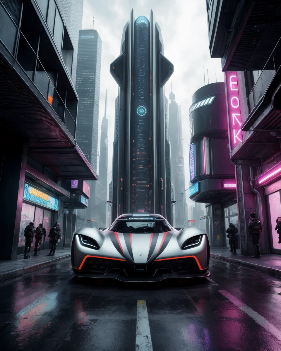 Hyper detailed photograph of a futuristic car on a cyberpunk street, panfuturism, Everett Warner, symmetrical features, can be used for wall art, magazine covers, award winning realistic photograph by the world best concept car photographer, vivid colours, nikon, award winning, studio lighting, 8 k, hi res