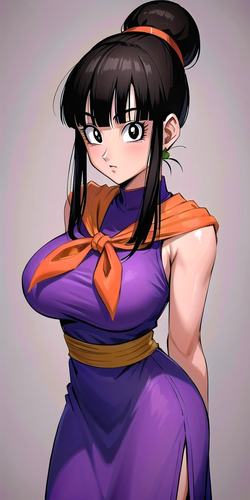 <lora:chichi_dbzV2:0.7> chichi_dbz, standing, solo, large_breasts, Purple_Dress_Orange_Neckerchief, masterpiece, best quality, detailed face, detailed eyes, highres,