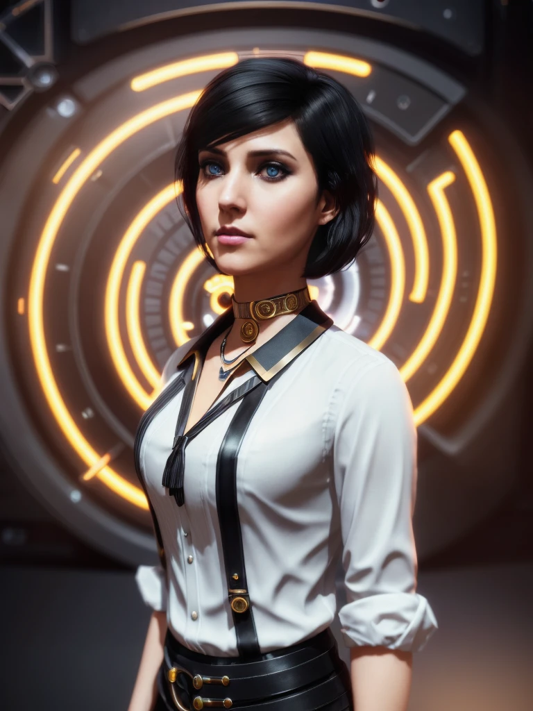 <lora:elizabethbioshock:0.7>,woman,black hair,(blue eyes:0.8),white blouse,short hair, steampunk eye enchanted,4k, neon lights, highly detailed, eerie,4k, by Stanley Artgermm, Tom Bagshaw, Greg Rutkowski, deviantart, FAN ART, Unreal Engine, face enhance,8K, golden ratio, cinematic lighting H 704