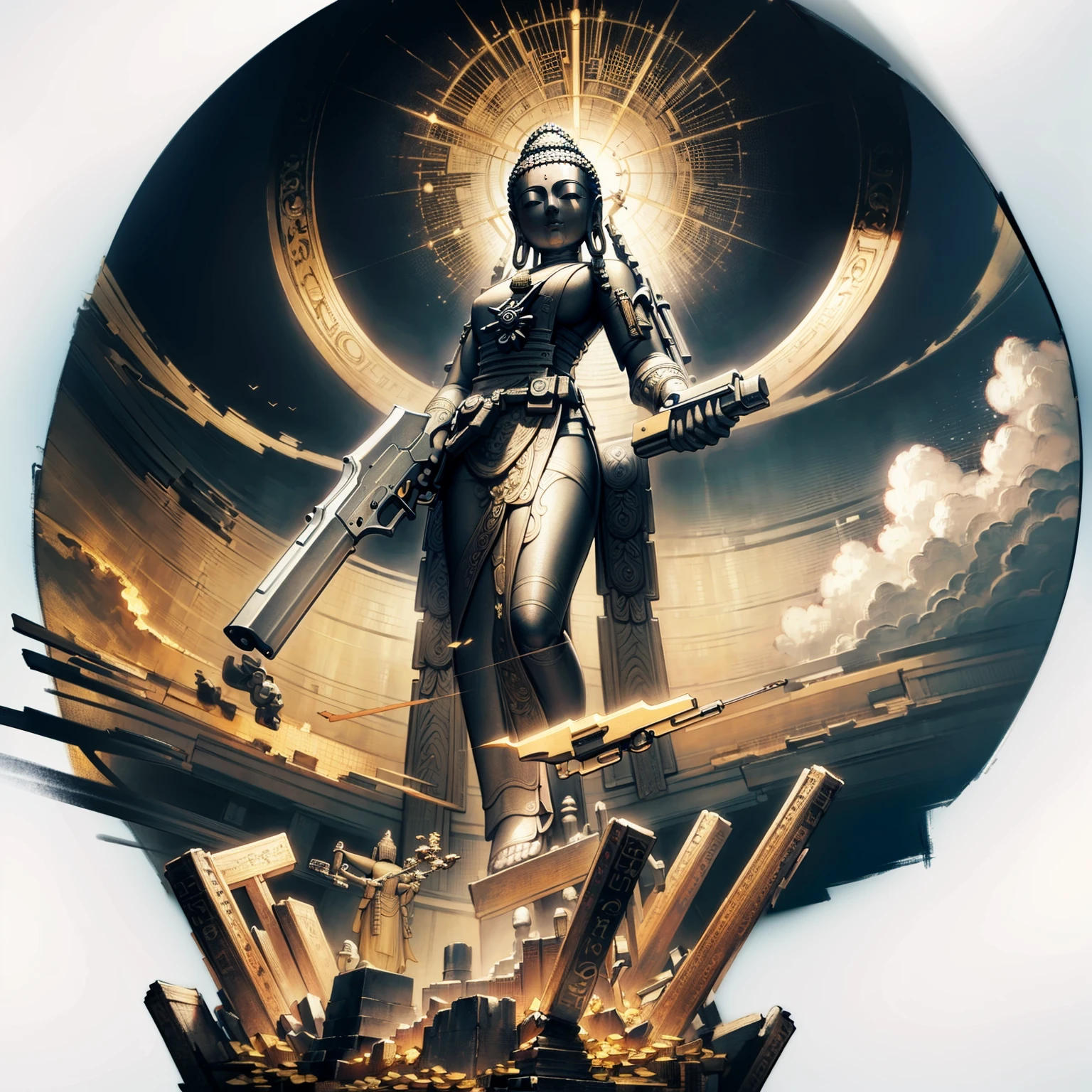 [(white background:1.15), ::2]solo, mid shot, full body, <lora:gameV4-0.2-0.3-6-None-b6-bf16-D128-A128-1-ep300-768-DAdaptation-constant-000148:0.8>
finely detail, Depth of field,(masterpiece),(((Extremely realistic))),((extremely detailed CG unity 8k wallpaper)),best quality,high resolution illustration,Amazing,(detailed,clear and beautiful:1.4),intricate detail,(best illumination, best shadow, an extremely delicate and beautiful),Detailed beautiful and aesthetic,
1figure of Buddha,Gatling gun, electron,(many floating firearms:1.2),
All kinds of weapons were floating around the statue,
View from below,Global Illumination,auspicious cloud and golden cornfield,Nan Wusan,holy light,oppressive,Sharp Focus