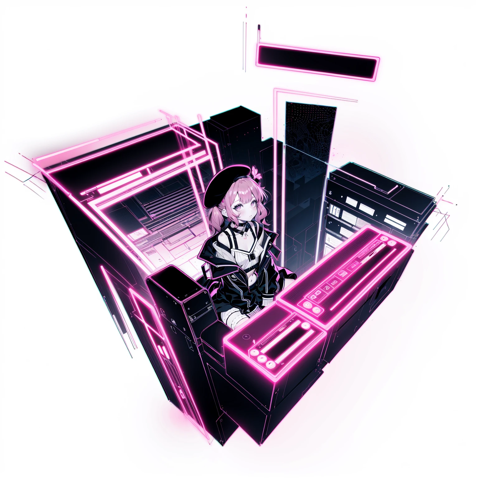 [(white background:1.15), ::2]1girl, solo, mid shot, full body, <lora:GachaSplashAlter_2:0.8> 
1 synth wave style girl, extremely detailed CG ,(masterpiece), (flat color:1.5), (best quality), (limited palette) , pink fluorescent paint, , noline art, silhouette, partially colored, (alternate color):1.4, dynamic angle, (pink, dark violet):1.3, dark violet shadow, (synth wave), (chromatic aberration) , (((thick) outline)), pink outline, (solo focus), pink neon lights, perfect shadow, cowboy shot, blank stare, beret, bowknot on beret, flat chest, wearing an off- shoulder floating jacket, short wavy delicate hair, blank stare, delicate face, bare shoulder, sitting on the top of the building,  beautiful and delicate eyes, (1 girl):1.5, solo, from above, delicate background, streets with neon lights