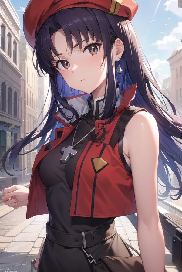 misatokatsuragi, <lora:misatokatsuragitest:1>,
misato katsuragi, long hair, (brown eyes:1.5), blue hair, purple hair,
BREAK hat, dress, bare shoulders, jewelry, jacket, earrings, open clothes, sleeveless, necklace, black dress, open jacket, sleeveless dress, beret, short dress, cross, red headwear, red jacket, cross necklace,
BREAK looking at viewer,
BREAK outdoors, city,
BREAK <lora:GoodHands-vanilla:1>, (masterpiece:1.2), best quality, high resolution, unity 8k wallpaper, (illustration:0.8), (beautiful detailed eyes:1.6), extremely detailed face, perfect lighting, extremely detailed CG, (perfect hands, perfect anatomy),