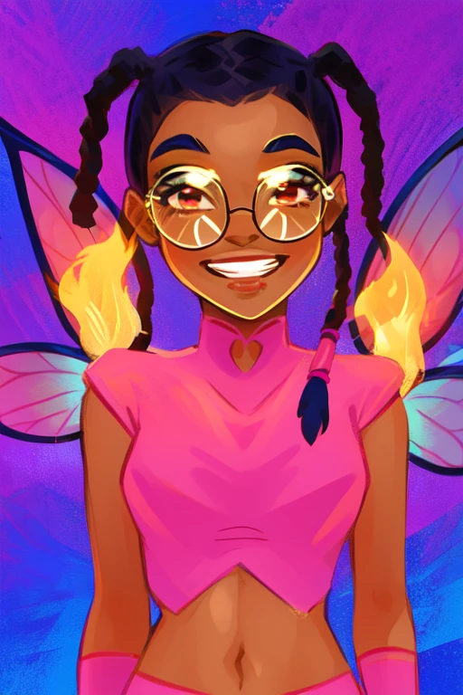 Taranee, twintails, dreads, short hair, glasses, upper body, smiling, smug,
CokW, striped pantyhose,midriff, pink wristbands, fairy wings, toned, pink crop top, turtleneck,
fire background,
(insanely detailed, beautiful detailed face, masterpiece, best quality) cinematic lighting, <lora:TaraneeCook-10:1>