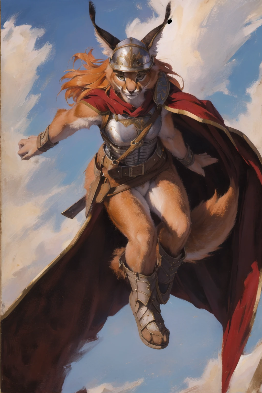 absurdres, highres, ultra detailed, masterpiece, cel shading,(flying in sky:1.2),wind
furry girl,caracal,long orange hair,shiny hair,(high detail fur:1.2),solo,,oil painting,traditional media
looking at viewer,romanarmy warrior with helmet on and red cape,
<lora:Caracal:0.7> <lora:Oilpainting:0.5> <lora:ARWromanarmy:1>