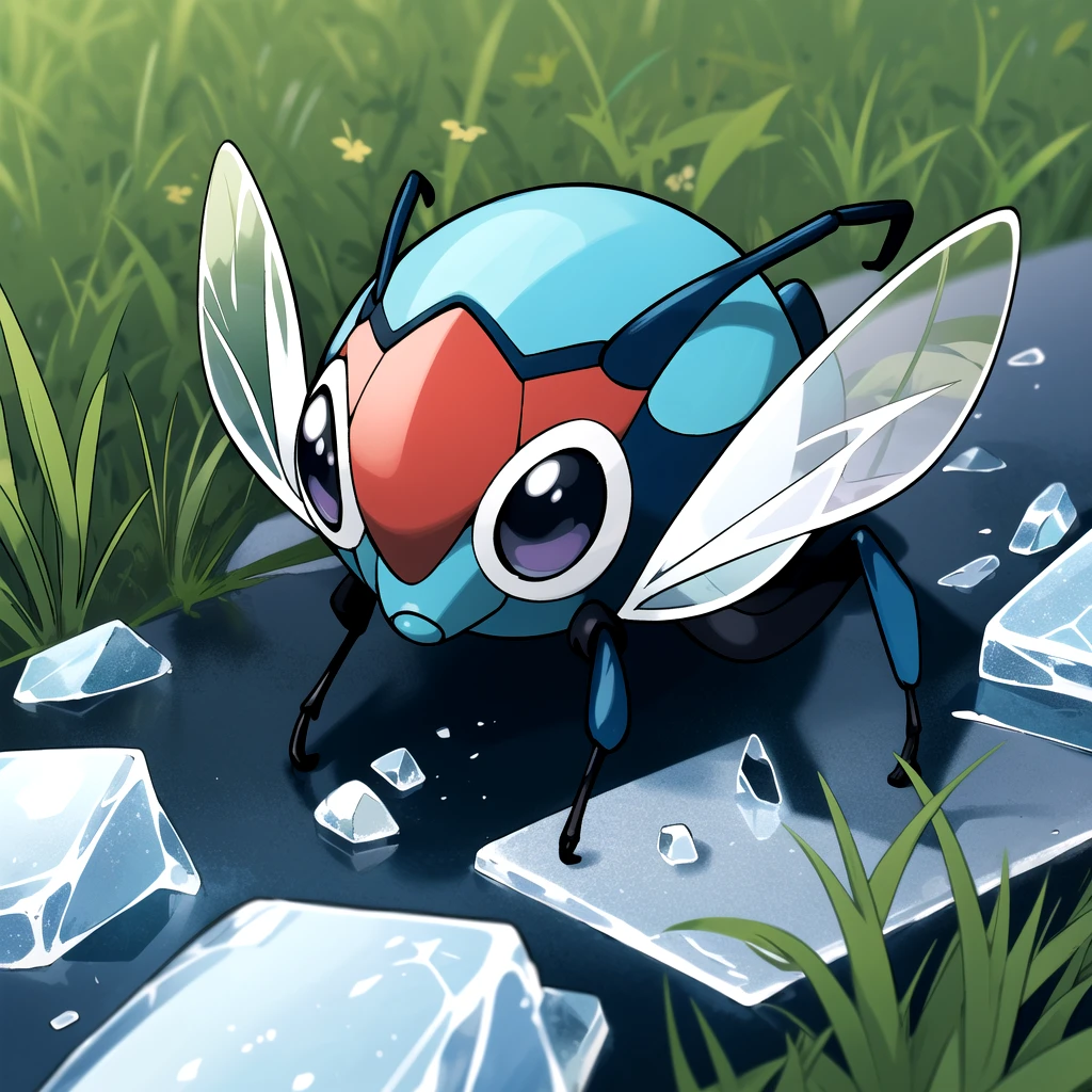 highres, masterpiece, sugimori ken \(style\), picture of a blue bug type pokemon \(creature\), bug, in the grass, ice, ice antaenna, ice breath