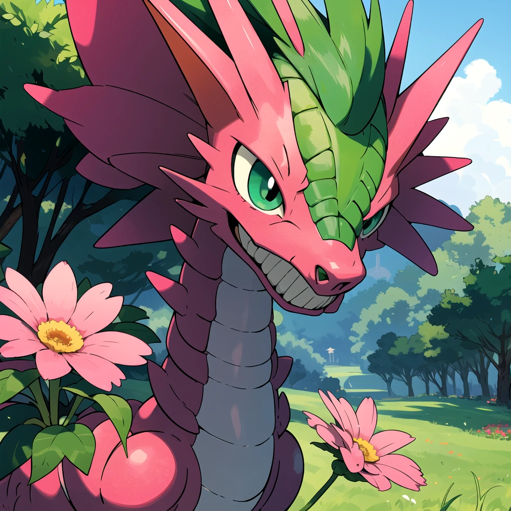 highres, masterpiece, sugimori ken \(style\), picture of a pink dragon type pokemon \(creature\) made of grass, green eyes,outside, grass type, flower pattern on head and over the body