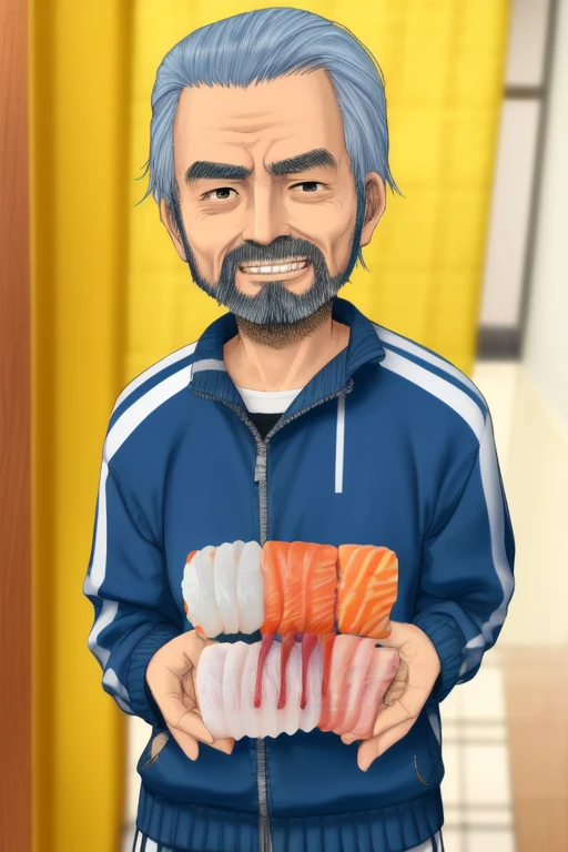 <lora:sashimiv5:0.6>, blue_T_tracksuit, mature beard thin old man, BREAK, yellow_towel on neck, grin, isaku, shuusaku, kisaku, sushi cafe