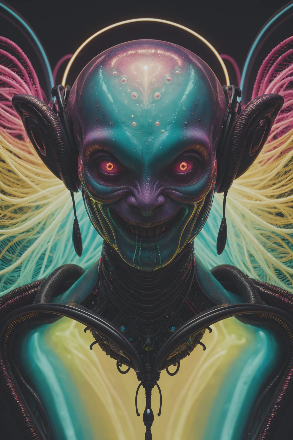 impossibly beautiful portrait of alien shapeshifter entity, insane smile, intricate complexity, surreal horror, inverted neon rainbow drip paint, trending on art station, photoreal, 8 k, octane render by greg rutkowski