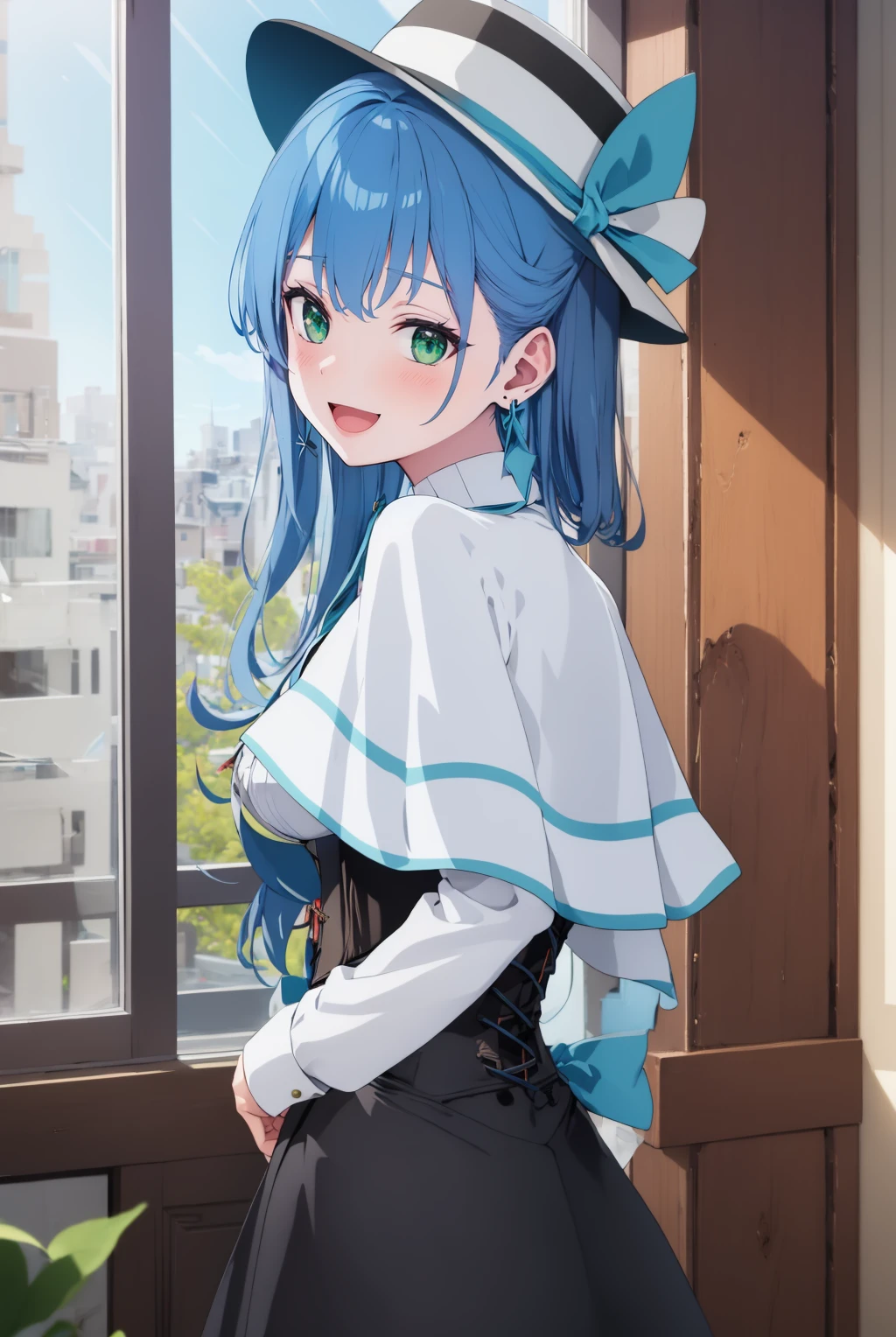 isabellaNorn,1girl,solo,((blue_hair)),long_hair,((green_eyes))blush,smile,happy,:D,open_mouth,jewelry, earring,indoors,cafe,full_body,masterpiece,highly_detailed,medium_breasts,capelet,corset,((upper body)), hat,hat_bow,ribbon,long_sleeves,looking at viewer, boots,from_behind,window,door,dress,skirt,frilled skirt,
<lora:isabellaNornV5-1-000010:.8:OUTD>