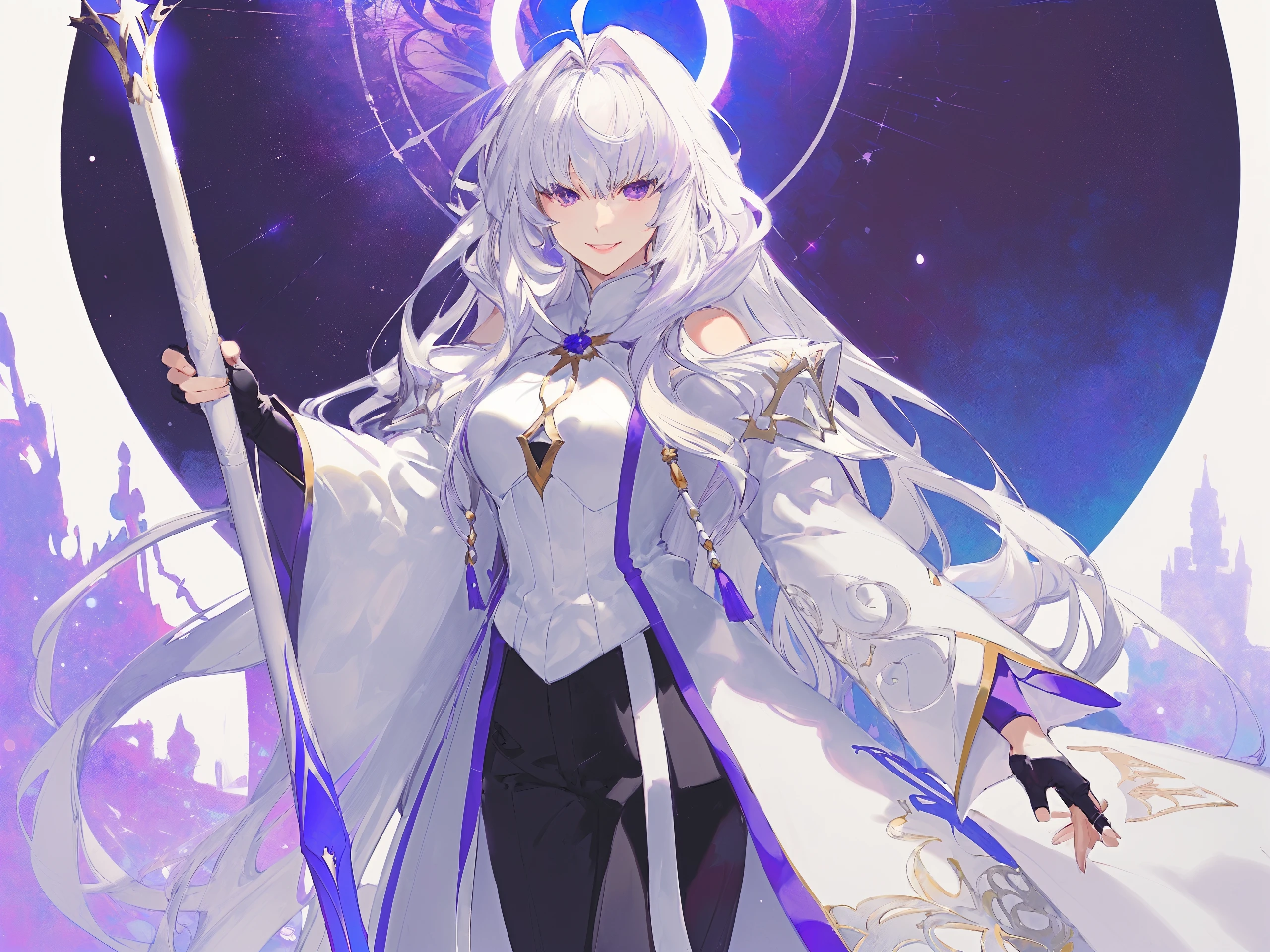 by taiki, merlin (fate, 1girl, long hair, staff, holding staff, solo, white hair, purple eyes, holding, very long hair, gloves, ahoge, white robe, black pants, pants, fingerless gloves, wide sleeves, bangs, breasts, long sleeves, black gloves, robe, looking at viewer, smile