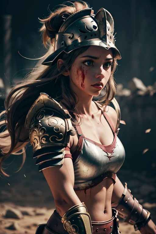 1girl, solo, half upper body of female muscular gladiatorarmor girl, full face helmet, battle arena, long hair, gladiator, full metal armor, ornate, details, blood, debris, realistic, photography, blurry background, softfocus, bokeh,  <lora:ARWGladiatorArmor:1>