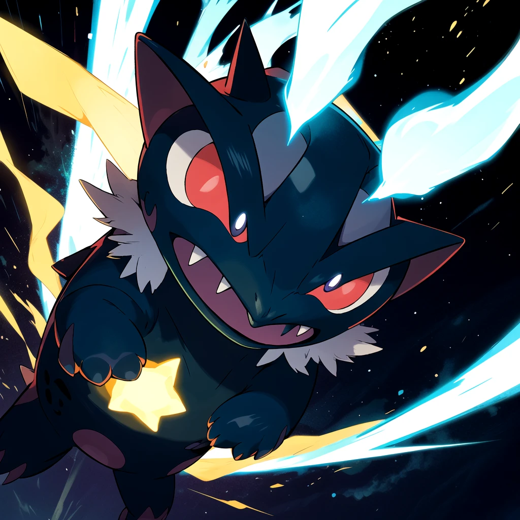 highres, masterpiece, sugimori ken \(style\), picture of a black dark type pokemon \(creature\), blue fur, pattern, black energy, glowing, at night