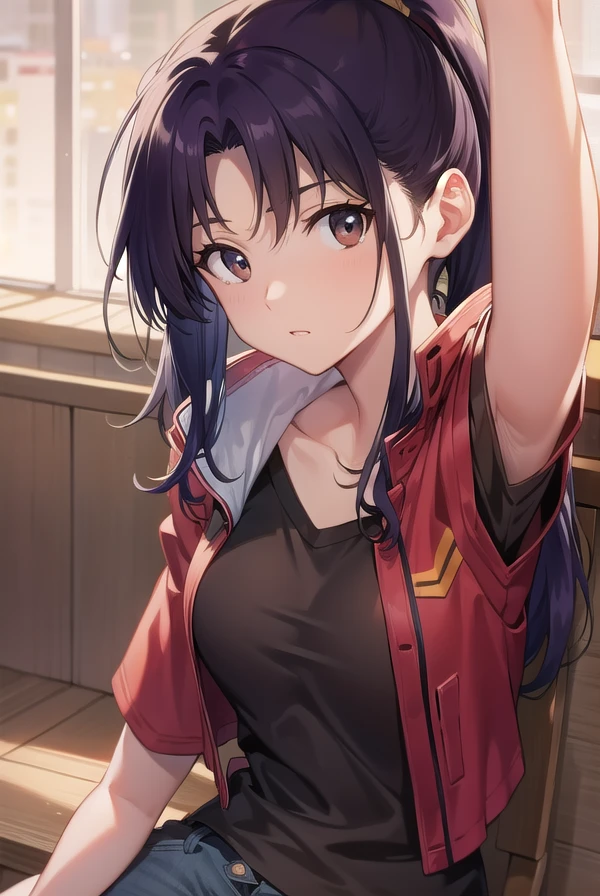 misatokatsuragi, <lora:misatokatsuragitest:1>,
misato katsuragi, long hair, (brown eyes:1.5), blue hair, purple hair, ponytail,
BREAK shirt, jacket, short sleeves, shorts, short shorts, bare legs, denim, denim shorts, yellow shirt,
BREAK looking at viewer,
BREAK indoors,
BREAK <lora:GoodHands-vanilla:1>, (masterpiece:1.2), best quality, high resolution, unity 8k wallpaper, (illustration:0.8), (beautiful detailed eyes:1.6), extremely detailed face, perfect lighting, extremely detailed CG, (perfect hands, perfect anatomy),