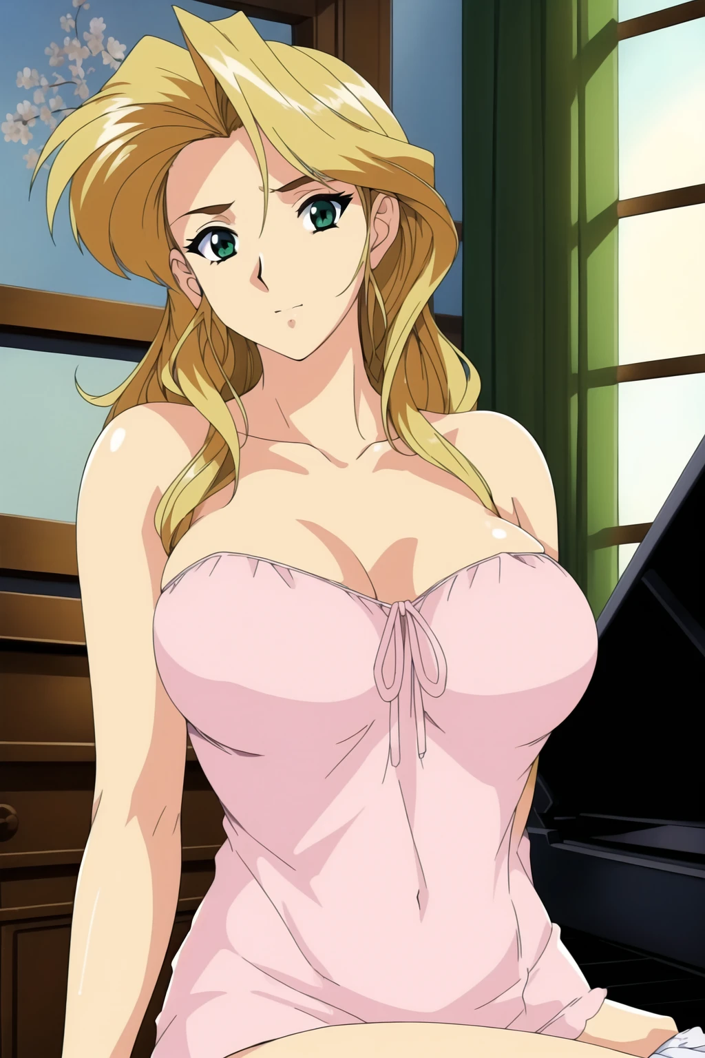 (day:1.7), in front of a piano in a room with a window and a piano in the background,
sitting at attention,
blurry, blurry background, blurry foreground,
Pink_towel, collarbone, Deep cleavage, bare shoulders,
<lora:Kaori_Maejima_Shuusaku-KK77-V3:0.7>,
blonde_hair,Long_hair,Green_eyes,
1 girl, 20yo,Young female,Beautiful Finger,Beautiful long legs,Beautiful body,
Beautiful Nose,Beautiful character design, perfect eyes, perfect face,expressive eyes,
looking at viewer, (Upper_body),(Focus on her face),(light_smile:1.1),
official art,extremely detailed CG unity 8k wallpaper, perfect lighting,Colorful, Bright_Front_face_Lighting,shiny skin,
(masterpiece:1.0),(best_quality:1.0), ultra high res,4K,ultra-detailed,
photography, 8K, HDR, highres, absurdres:1.2, Kodak portra 400, film grain, blurry background, bokeh:1.2, lens flare, (vibrant_color:1.2)
(Beautiful,large_Breasts:1.5), (beautiful_face:1.5),(narrow_waist),