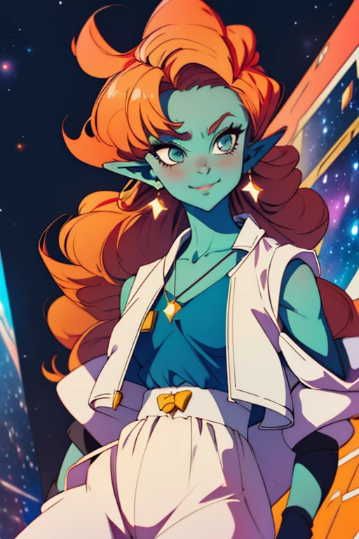 ((masterpiece,best quality)), absurdres, cinematic composition,
<lora:Zangya_DB-10:0.8>, Zangya_DB, solo, 1girl, green skin, long orange hair, white baggy pants, vest, sash, sleeveless white jacket, detailed face, smug,
space and stars in background,