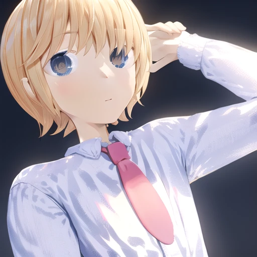 SenpaiCA2021, solo, blonde hair, necktie, outside, upper body