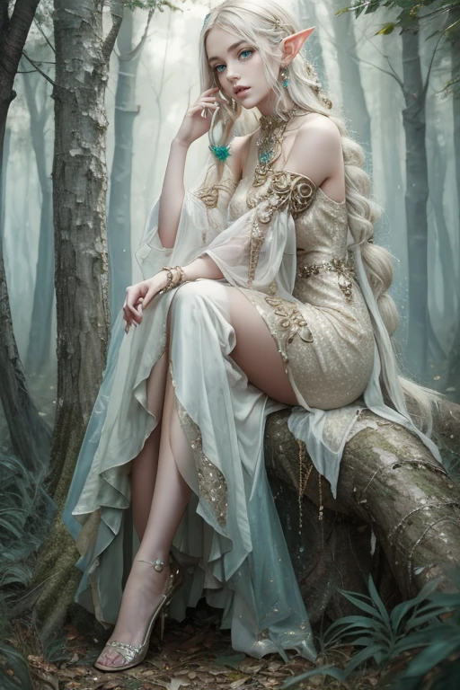 fantasy,1girl,detailed face,full body,elf dress,,forest,sitting
, <lora:elf dress:0.7>