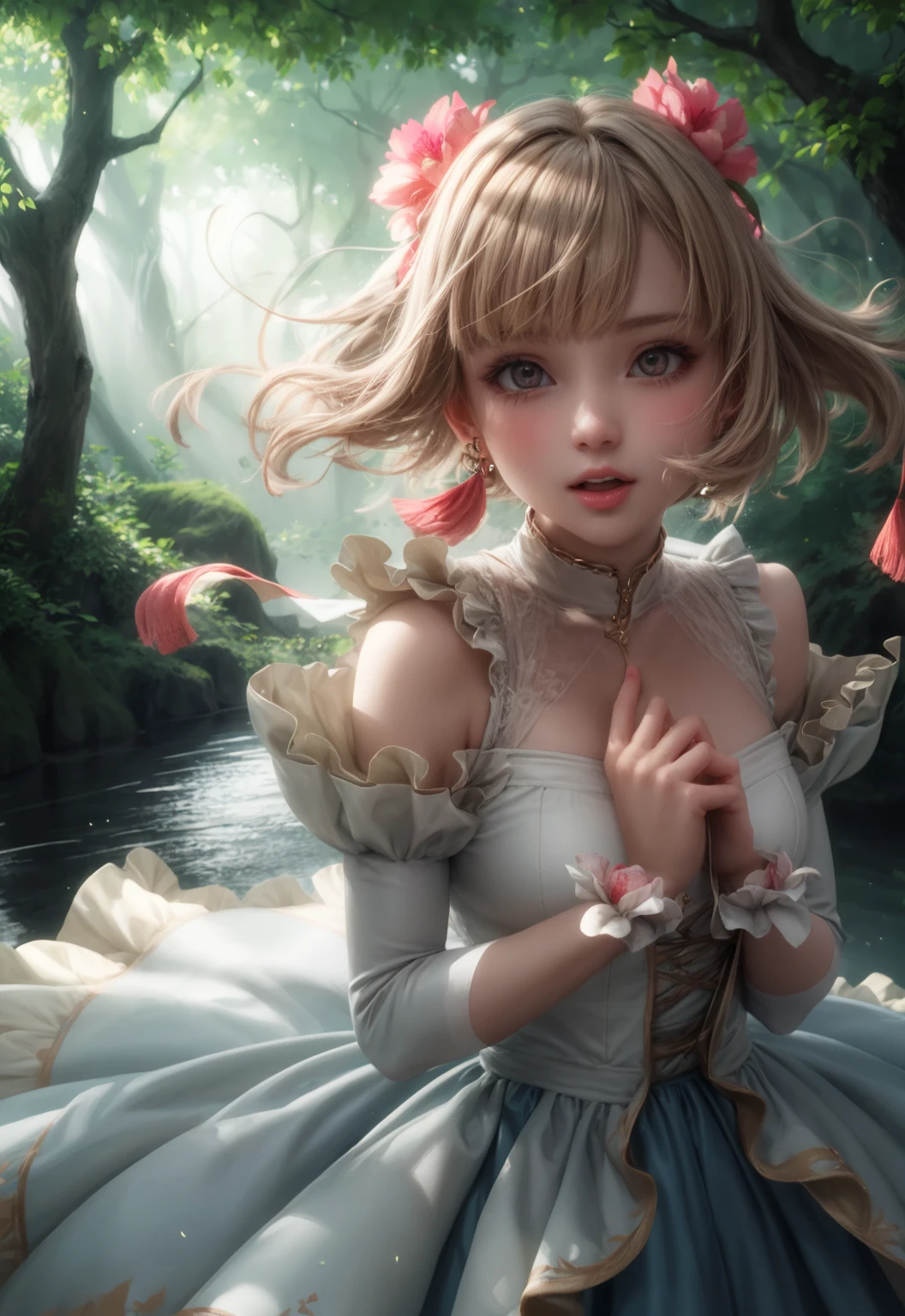 a painting of a woman in a dress blowing bubbles, loish and wlop, ethereal bubbles, moebius + loish + wlop, dreamy and detailed, intricate wlop, closeup fantasy with water magic, fairytale artwork, fairytale painting, in style of anna dittmann, wlop art, realistic fantasy painting, artgerm julie bell beeple