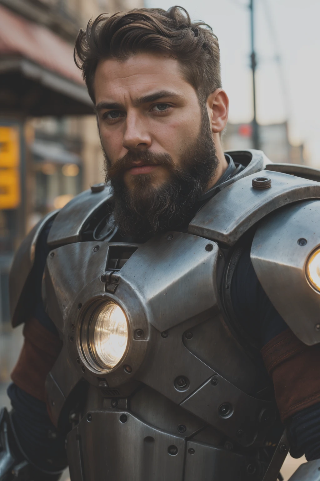 Portrait photo of muscular bearded guy in a worn mech suit, ((light bokeh)), intricate, (steel metal [rust]), elegant, sharp focus, photo by greg rutkowski, soft lighting, vibrant colors, (masterpiece), ((streets)), (detailed face:1.1), eye iris