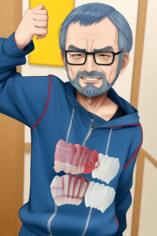 <lora:sashimiv5:0.6>, blue_T_tracksuit, mature beard thin old man, BREAK, yellow_towel on neck, grin, isaku, shuusaku, kisaku, playing_sashimi_card