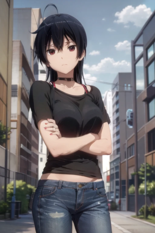 (((picture perfect))), (absurdres), 1girl, solo, <lora:touka:0.8>, touka takanashi, black t-shirt, bra straps, jeans, looking at viewer, crossed arms, closed mouth