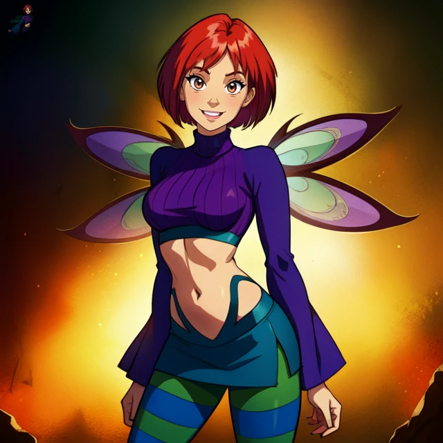 Will, short red hair, brown, solo, standing, smiling,  cowboyshot
Vandom,midriff ,wide sleeves, green-blue striped pantyhose, purple turtleneck, purple boots,  navel,  miniskirt, 
fairy wings, 
(insanely detailed, beautiful detailed face, masterpiece, best quality) cinematic lighting,  
<lora:WillVandom-10v2:0.8>