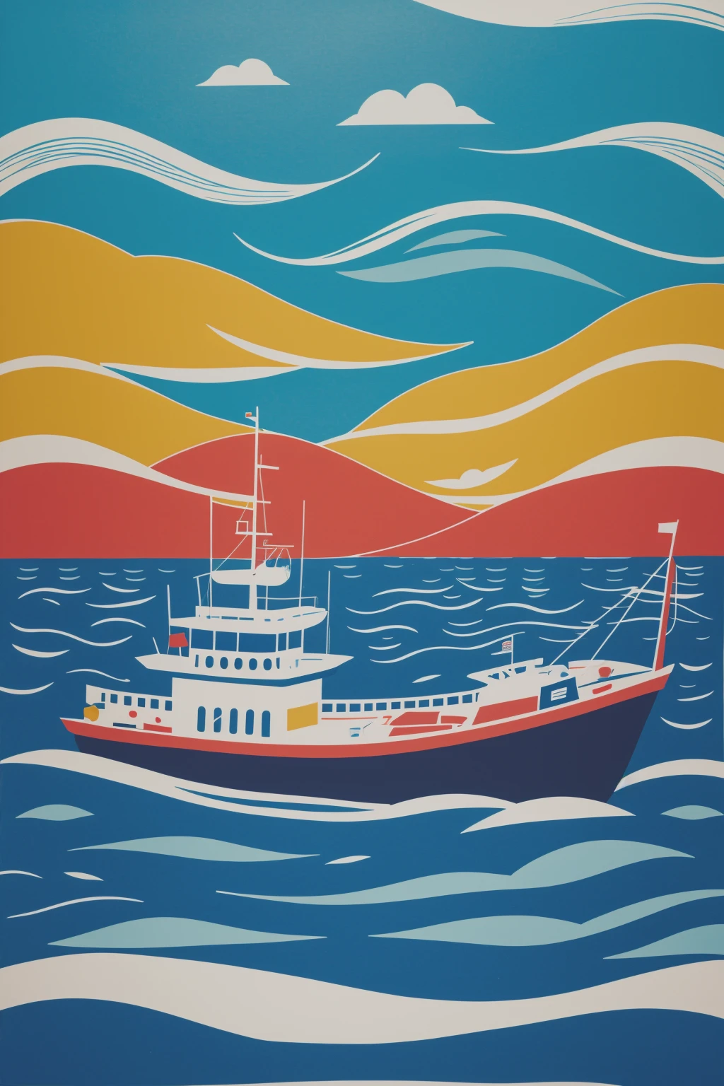 cinematic, paper cut art, paper illustration, boat on the ocean, kraken beneath, colorful, very detailed, 8k