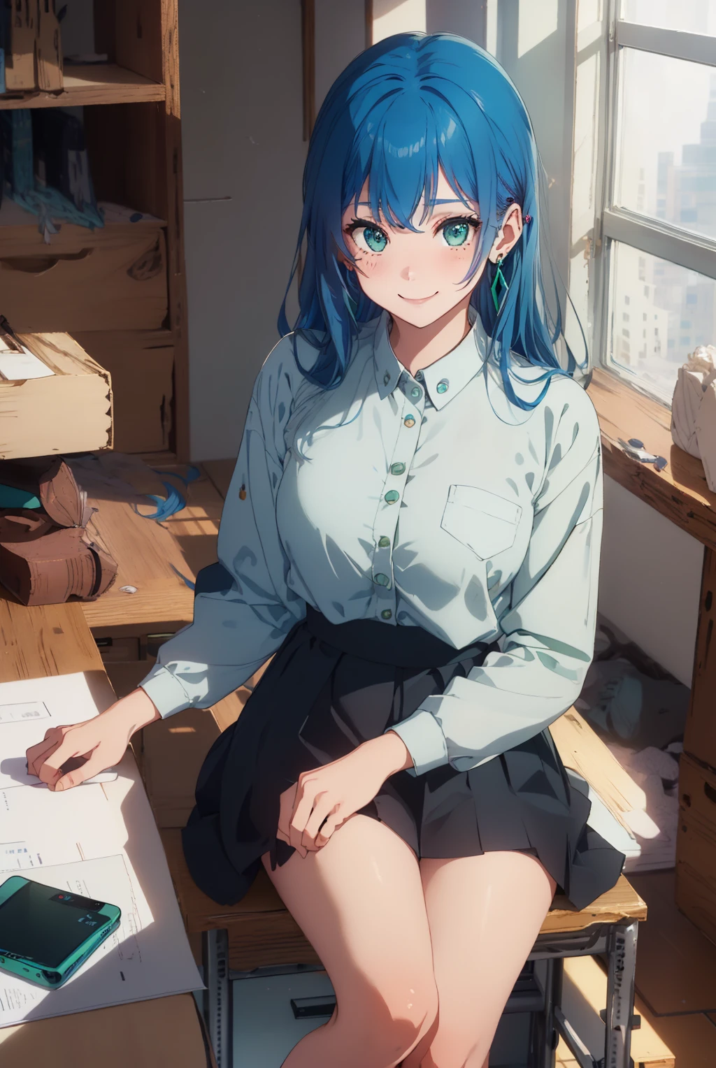 isabellaNorn,1girl,solo,((blue_hair)),((long_hair)),((green_eyes))blush,smile,happy,jewelry, earring,indoors,highly_detailed,masterpiece,school uniform, white_shirt,blue_skirt,looking_at_viewer,((on_top_of_desk:1.4)),sitting
<lora:isabellaNornV5-1-000010:.6:OUTD>, <lora:GoodHands-vanilla:1:OUTD>, bare_hands,desk,table