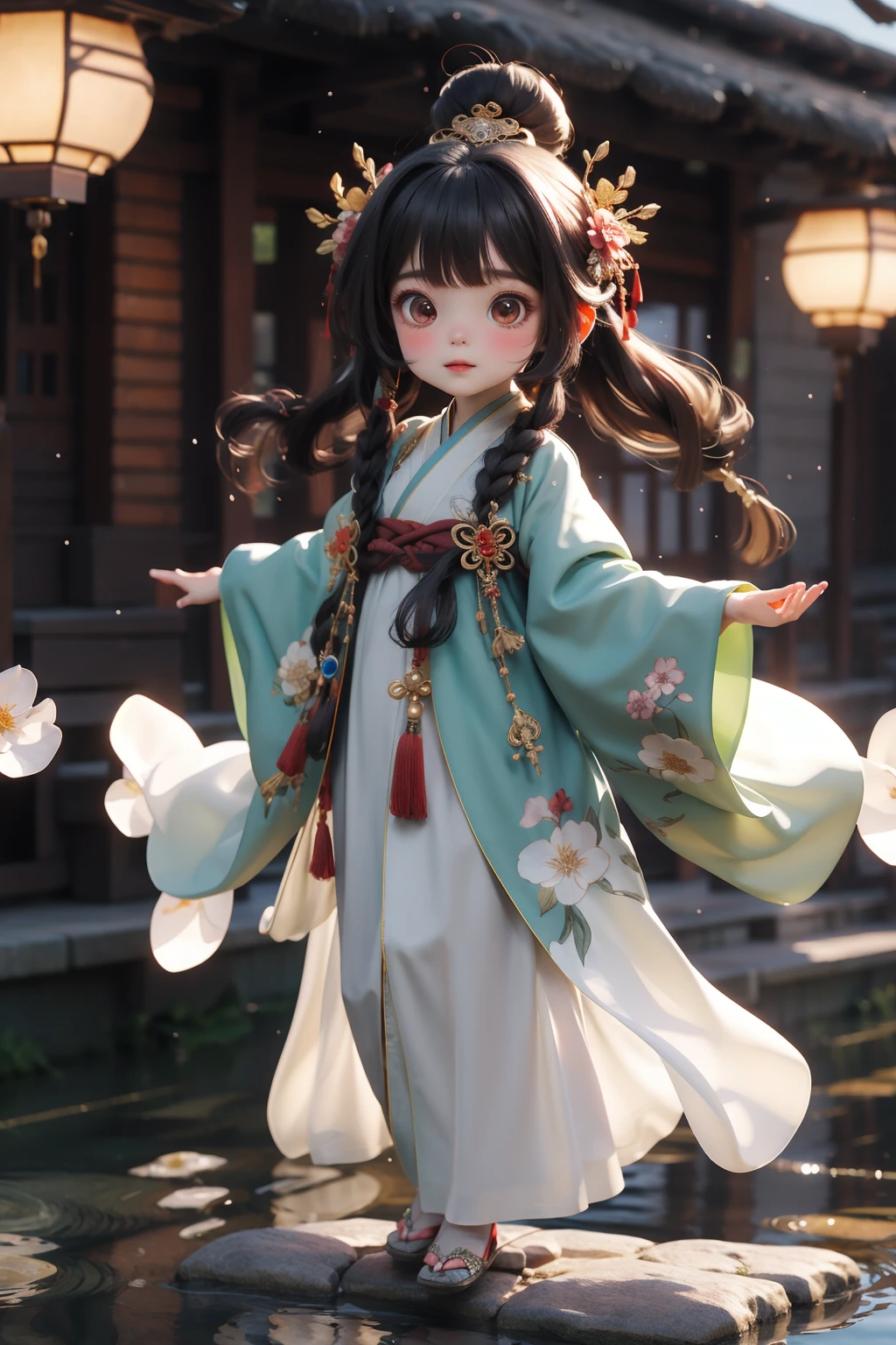 Best quality, masterpiece, 1 girl, chibi, wearing hanfu, looking at viewer,embroidered robe with exquisite details, gentle and demure disposition, elegant and graceful movements, silk slippers with golden embroidery,Arch bridge, slustrous black hair styled in a neat bun, graceful and precise hand movements, a humble and obedient demeanor, surrounded by the fragrance of flowers and the sound of flowing water
<lora:Guofeng_mengwan_v1:0.8>