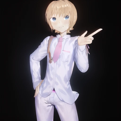 SenpaiCA2021, solo, looking at viewer, smile, short hair, simple background, shirt, long sleeves, brown eyes, white shirt, cowboy shot, necktie, pants, black background, purple pants, pink necktie, blonde hair