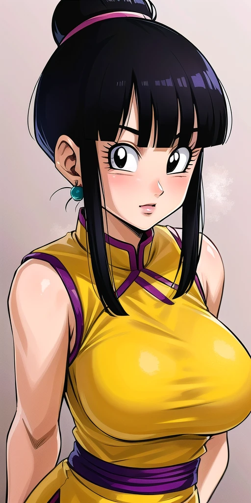 <lora:chichi_dbzV2:0.7> chichi_dbz, standing, solo, large_breasts, Yellow_China_Dress_Purple_Neckerchief, masterpiece, best quality, detailed face, detailed eyes, highres,