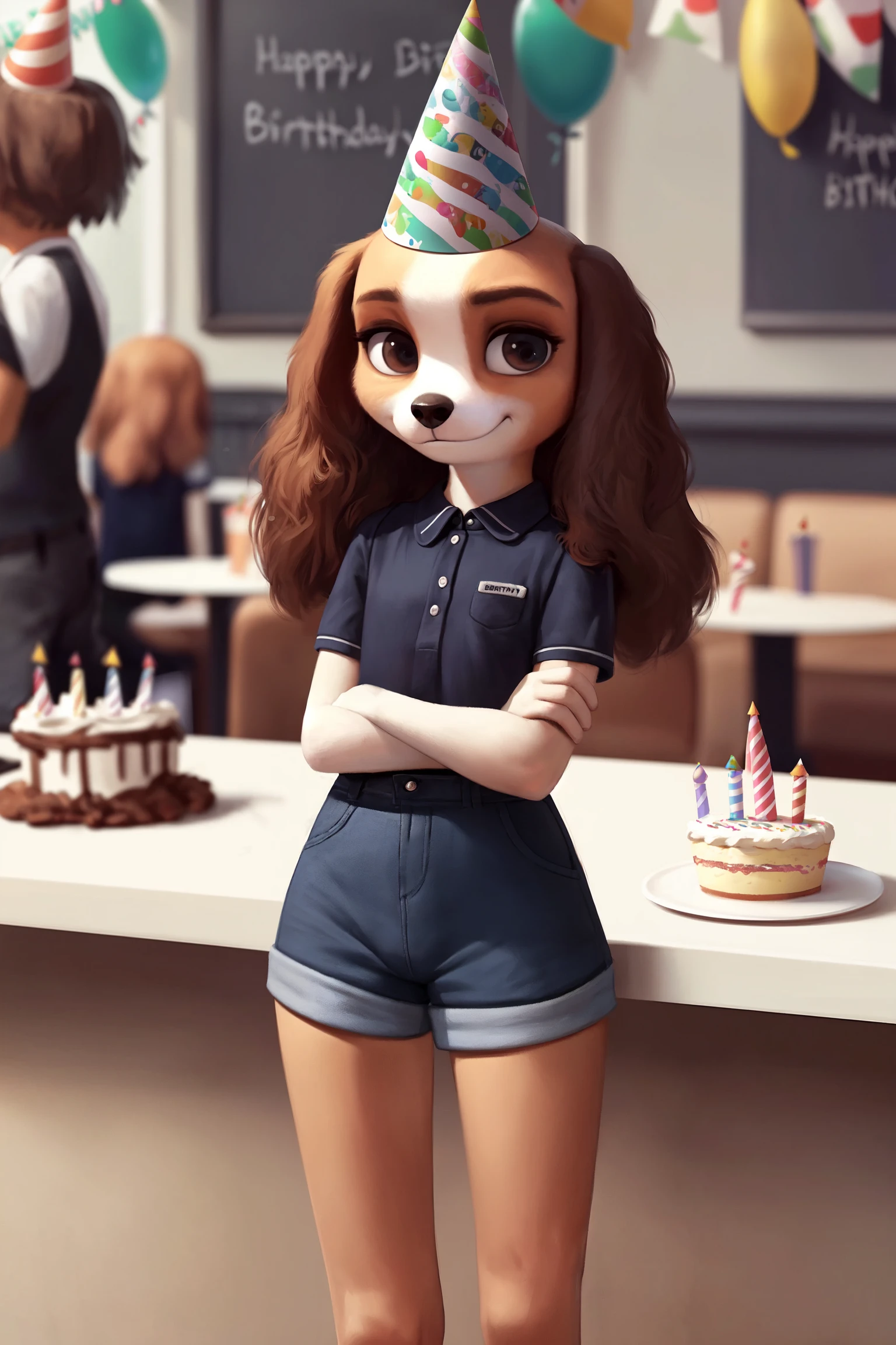 (by qupostuv35:1.0), female ((anthro, humanoid)), [(thin:1.1) : small petite : (cocker spaniel:1.2):4], (Detailed face), (anthropomorphic legs, anthropomorphic hands:1.1), (solo), works in a cafe, (unhappily crosses his arms), ((smirk)), shorts, (birthday:1.3), party hat