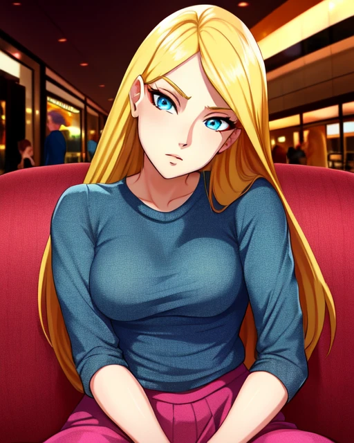Cornelia, long blond hair, blue eyes, solo, casual clothes, sitting, mall, morning,
(insanely detailed, beautiful detailed face, masterpiece, best quality) cinematic lighting, <lora:CorneliaHale:0.7>