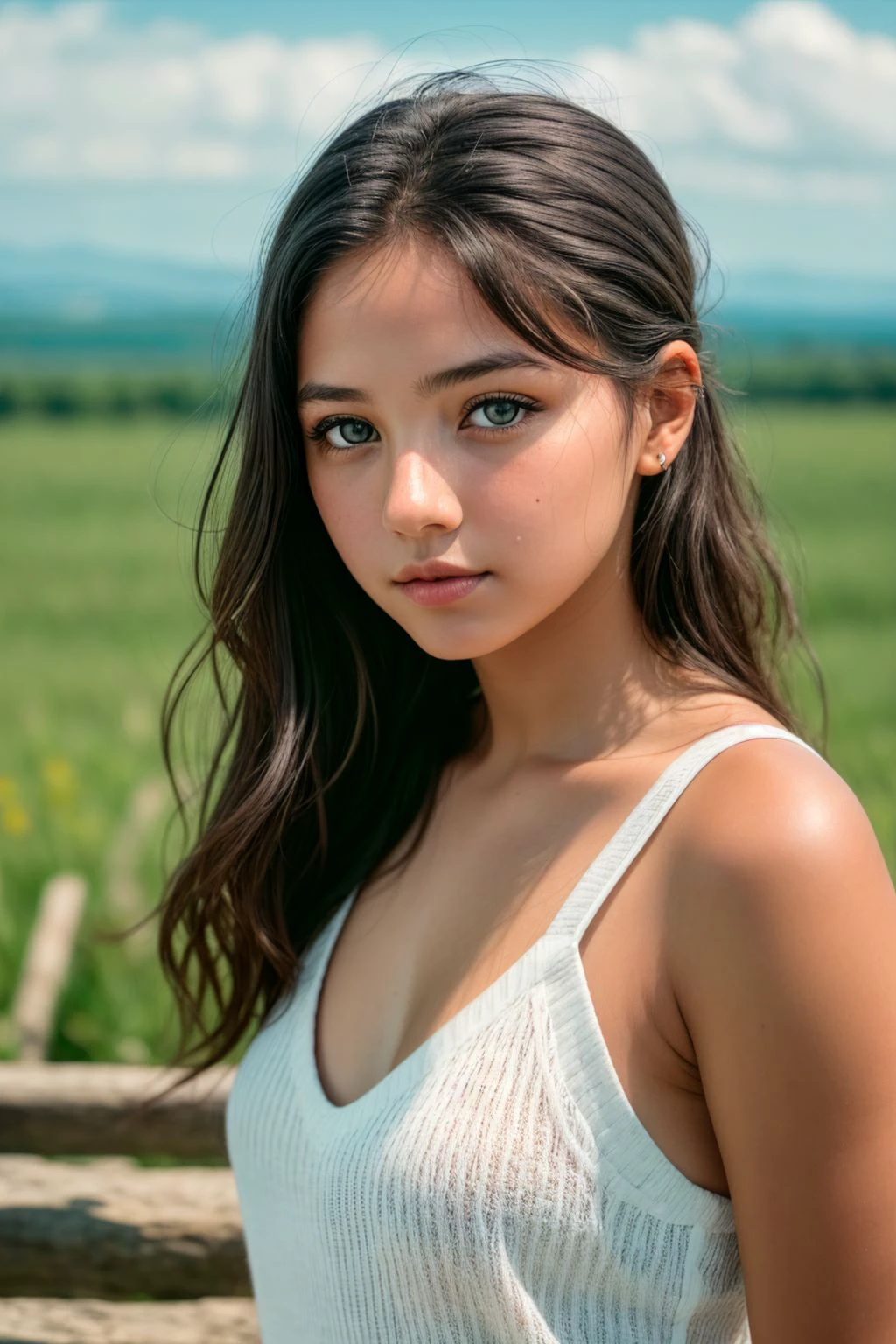 RAW photo, 1girl, posing, long shot, distant view, wide angle, masterpiece, beautiful eyes, perfect face, detailed, natural skin, 8k uhd, high quality, film grain, Fujifilm XT3