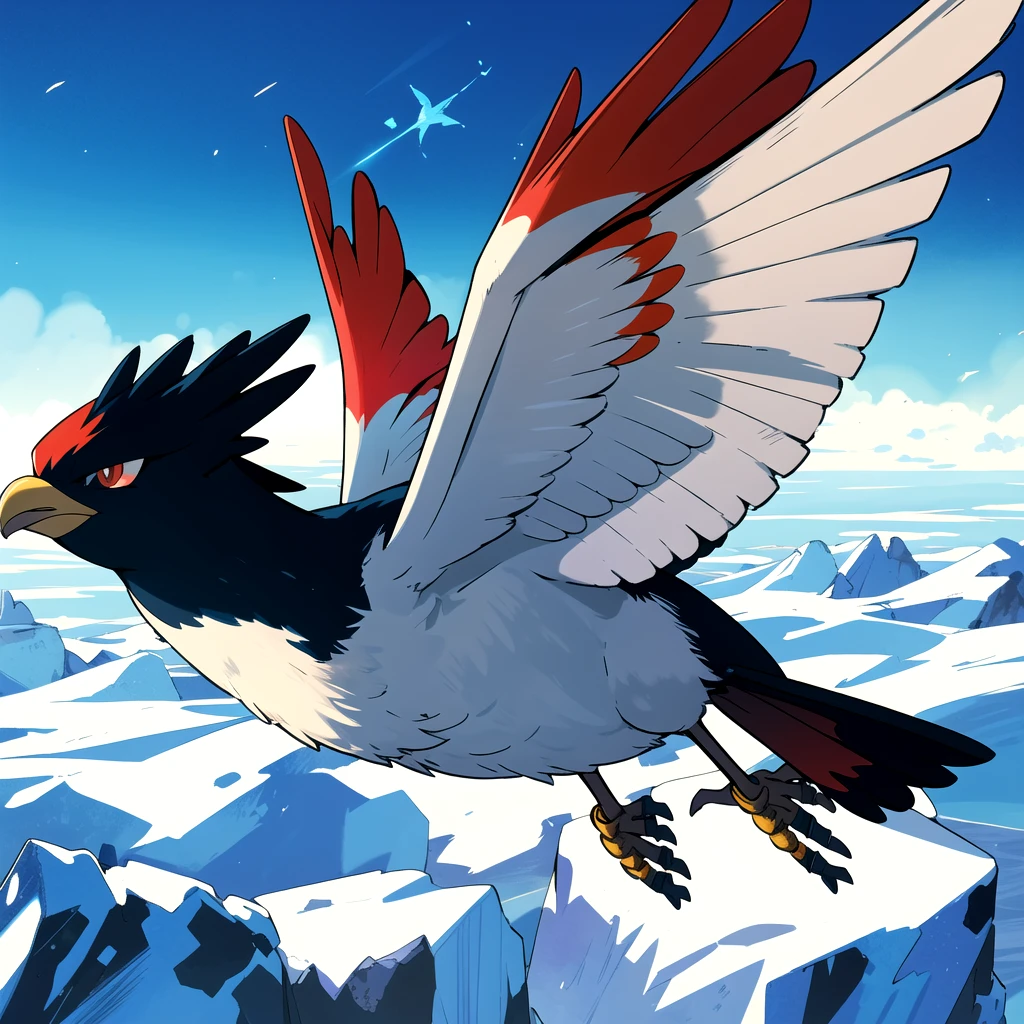 highres, masterpiece, sugimori ken \(style\), picture of a flying type pokemon \(creature\), flying, in the sky, ice wings, ice, red eyes, glowing, small bird like