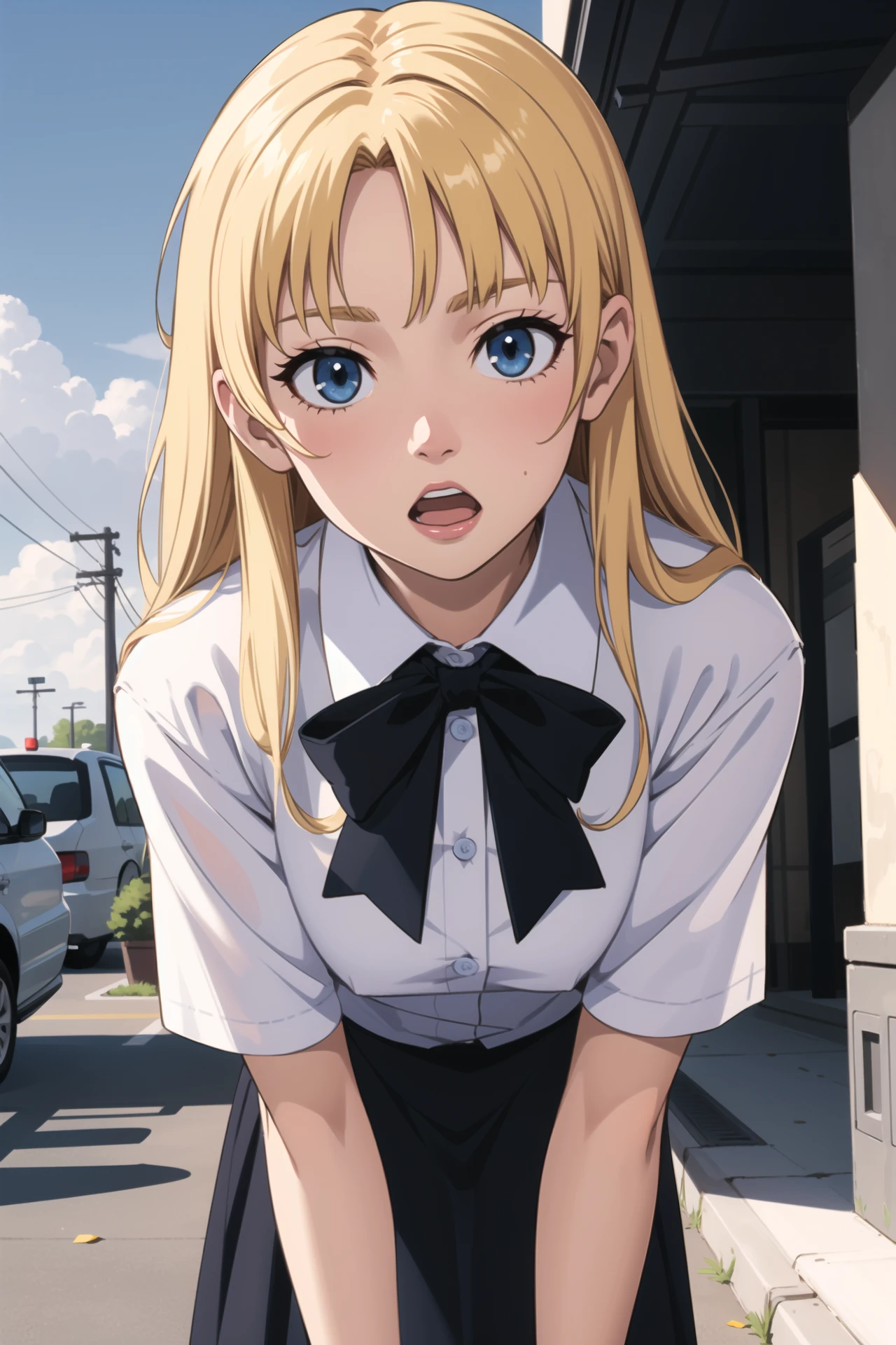 detailed_background,outdoors,blonde hair,hair bow,:o,pixelated,open mouth,leaning forward,luca (kuruton486),black bow,huge bow,highres,1girl,letterboxed,solo,kuruton486,sick,white shirt,blue eyes,shirt,bow,parted bangs