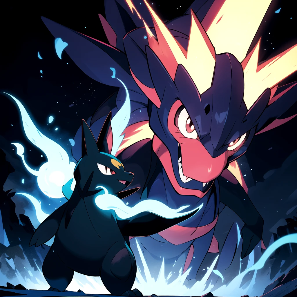 highres, masterpiece, sugimori ken \(style\), picture of a black dark type pokemon \(creature\), blue fur, pattern, black energy, glowing, at night