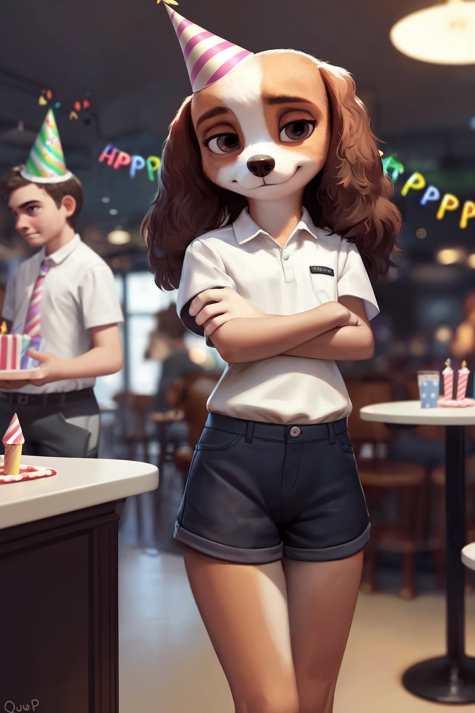 (by qupostuv35:1.0), female ((anthro, humanoid)), [(thin:1.1), : small petite : (cocker spaniel:1.2):4], (Detailed face), (anthropomorphic legs, anthropomorphic hands:1.1), (solo), (pussy:1.1), works in a cafe, (unhappily crosses his arms), ((smirk)), shorts, (birthday:1.3), party hat