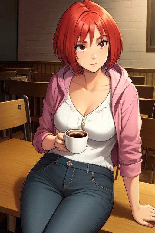 Will, short red hair, brown, solo, sitting, casual wear, hoodie, hands free, cafe, coffee on table, (insanely detailed, beautiful detailed face, masterpiece, best quality) cinematic lighting,
<lora:WillVandom-10v2:0.7>