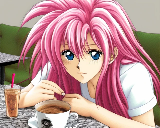 masterpiece, best quality, pink_hair, soda on table, cafe, beautiful_eyes, (anime_coloring:1.1), (detailed_face, detailed_eyes:1.2), <lora:1990's_PC_v2:0.7>