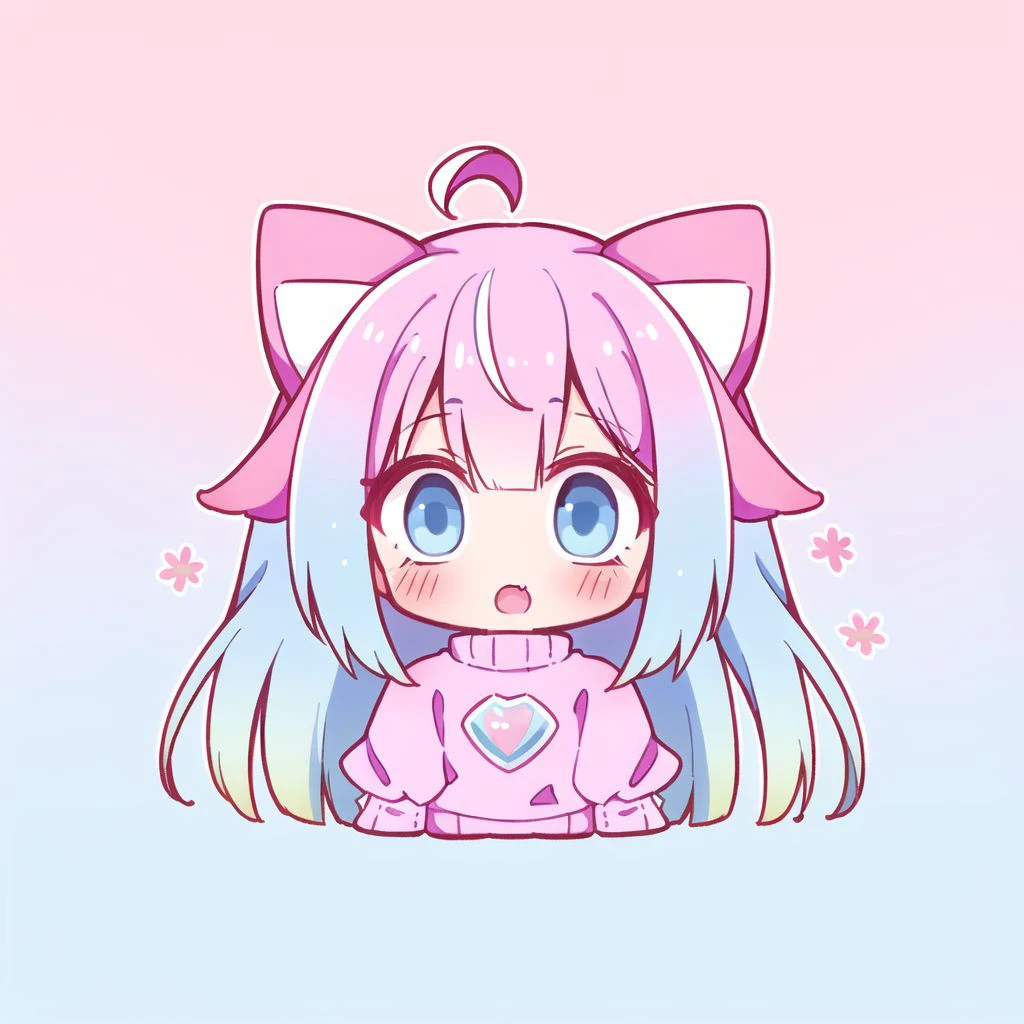 1girl, solo, cat ears, multicolored hair, ((gradient hair), white+(blue)+(pink:0.5) hair//), very long hair, messy hair, bangs, ahoge, ((gradient eyes), pink+light_blue eyes//), slit pupils, glowing eyes, 1fang,
:o,
white sweater,, masterpiece, best quality,chibi