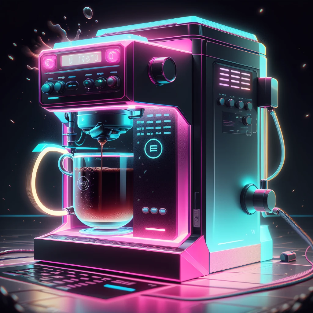 <lora:RetrowaveTech-20:0.8>,retrowavetech ,scifi, virtual, vaporwave,wirefrme ,
coffee machine , coffee mug,