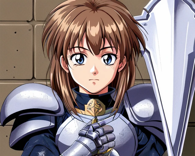 masterpiece, best quality, shield, brown_hair, holding_sword, gold armor, (detailed_face, detailed_eyes:1), <lora:1990's_PC_v2:0.6>