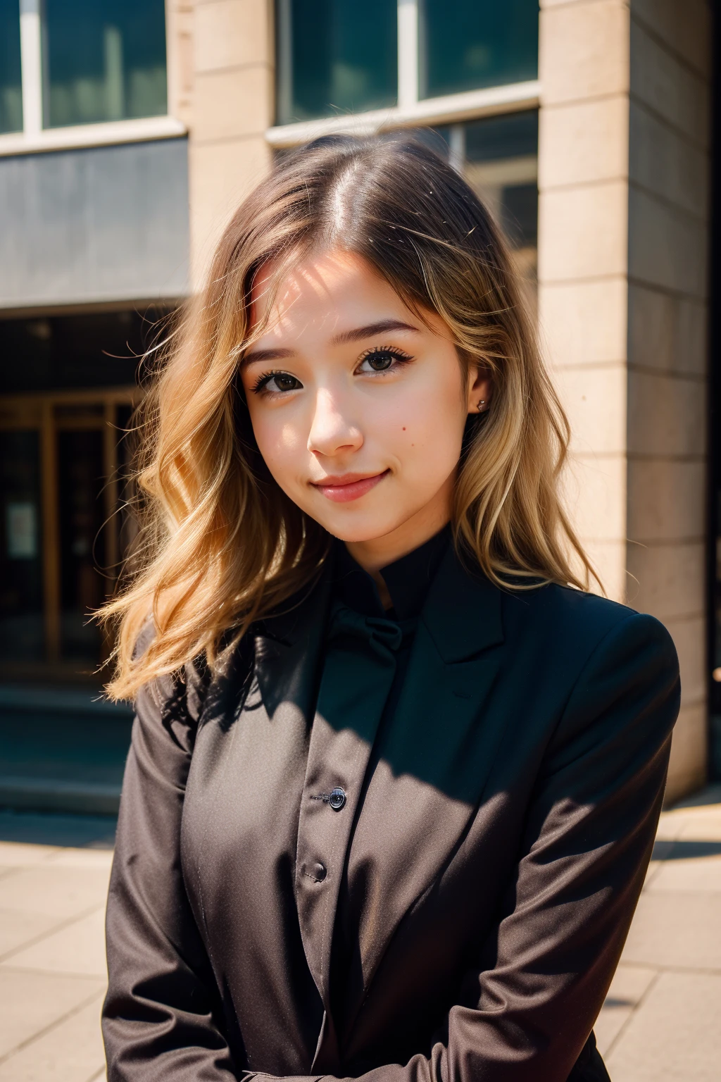 <lora:more_details:0.3>, solo, very detailed, detailed face, picture of beautiful girl, pokidiffusion, picture of a beautiful girl with (blond hair) wearing black tuxedo, soft smile, outside in a common place