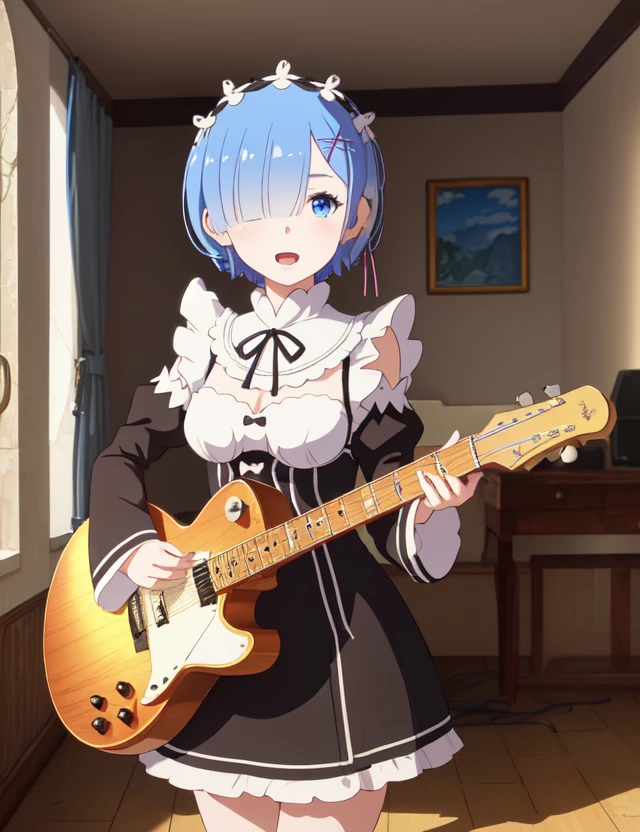 best quality, masterpiece, <lora:Rem-000009:0.9:MID>, phRem, 1girl, blue hair, solo, maid, roswaal mansion maid uniform, looking at viewer, outdoors, open mouth, anime coloring, maid headdress, ((cinematic light)), colorful, hyper detail, dramatic light, intricate details, best quality, (wallpaper, masterpiece, best quality, ultra-detailed, best shadow), (detailed background:1.4), (beautiful detailed face, beautiful detailed eyes), high contrast, (best illumination, an extremely delicate and beautiful), solo, blue eyes, electric guitar, guitar, headphones, holding, holding plectrum, instrument, music, one side up, playing guiter, indoors ((caustic)), dynamic angle,beautiful detailed glow,full body, cowboy shot,