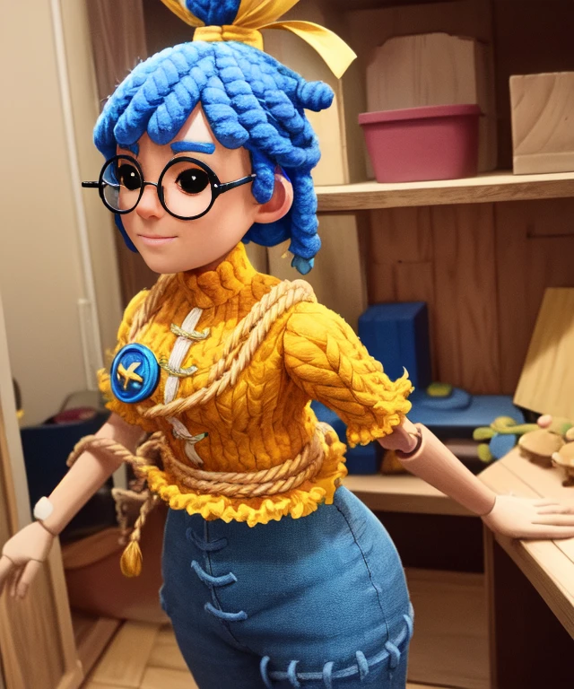 May, blue hair,dreadlocks, hair bun, black eyes, glasses, wooden joints, standing, upper body, smiling, solo,
ClYarn, yellow shirt, blue pants with stiches, yellow hair ribbon, short sleeves, large blue button,
toy room, large room, shrunked body,
(insanely detailed, beautiful detailed face, masterpiece, best quality), <lora:May-10:0.7>