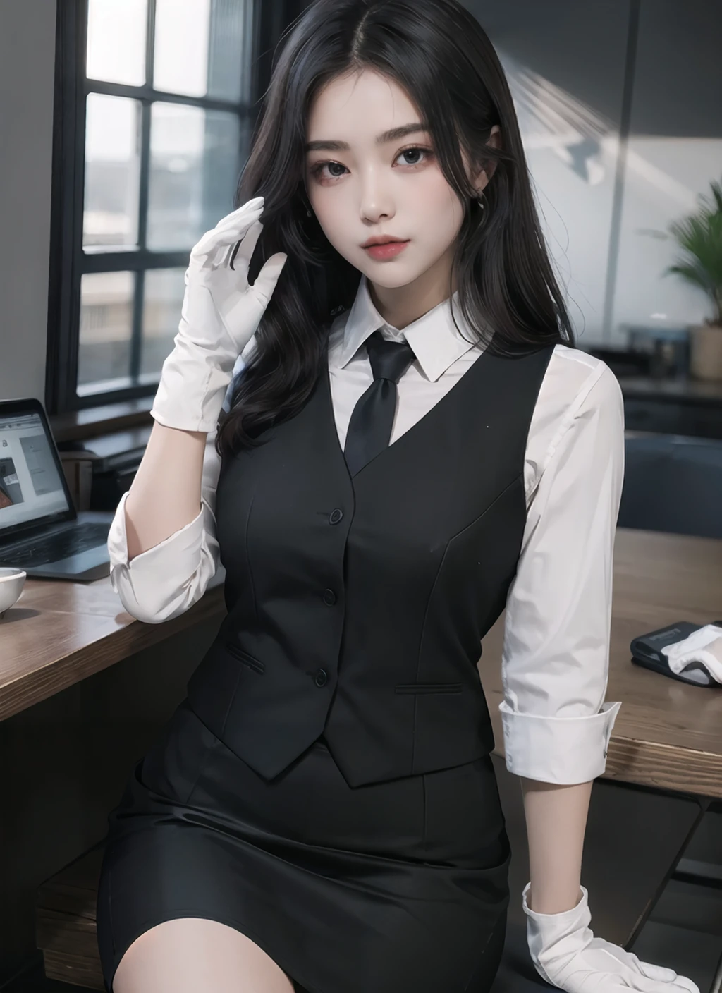 <lora:womansuit-1-000006:1>,(masterpiece, high quality) woman, vest, pencil skirt , lace, solo , looking at viewer, white gloves, sitting