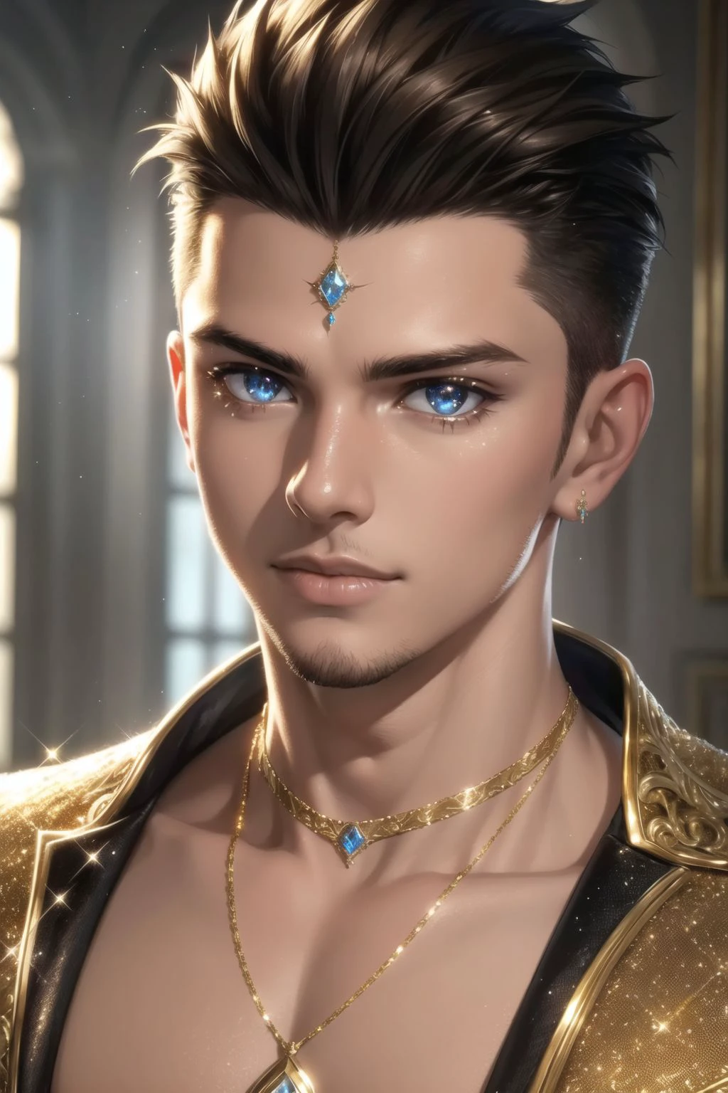 (masterpiece, best quality:1.2), 8k, insane details, intricate details, hyperdetailed, hyper quality, high detail, ultra detailed, professional, HDR, realistic, ray tracing reflection, detailed skin, detailed beautiful eyes, official art, short spiked hair,
1boy, cute, god, cinematic lighting, ornate, (glitter, sparkly golden:1.2), ornament, diamond, head shot, sexy, handsome,